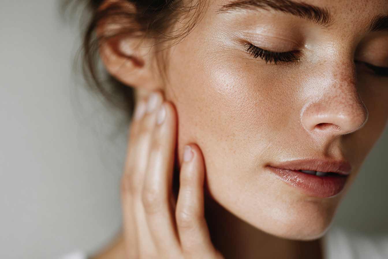 Persona joven tocándose la parte posterior de la mandíbula con gesto de molestia.
