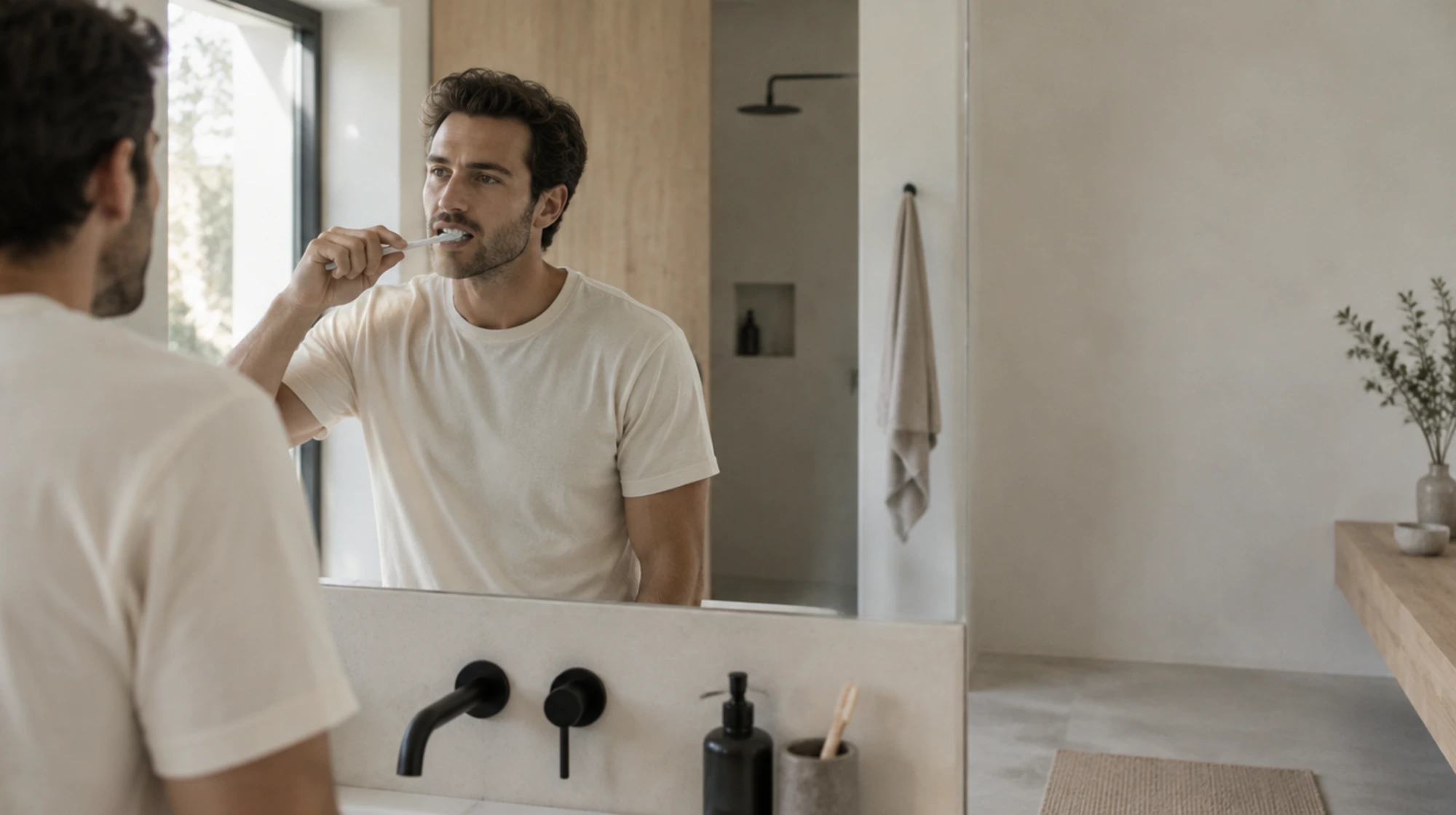 Como quitar sarro dientes Hombre de unos 30 años cepillándose los dientes frente al espejo en un baño de diseño, para quitar el sarro de los dientes
